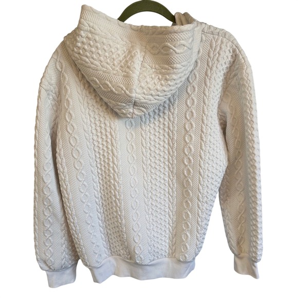 Womens White Cable Knit Hoodie Sweatshirt Textured Pullover Large L - Picture 2 of 4